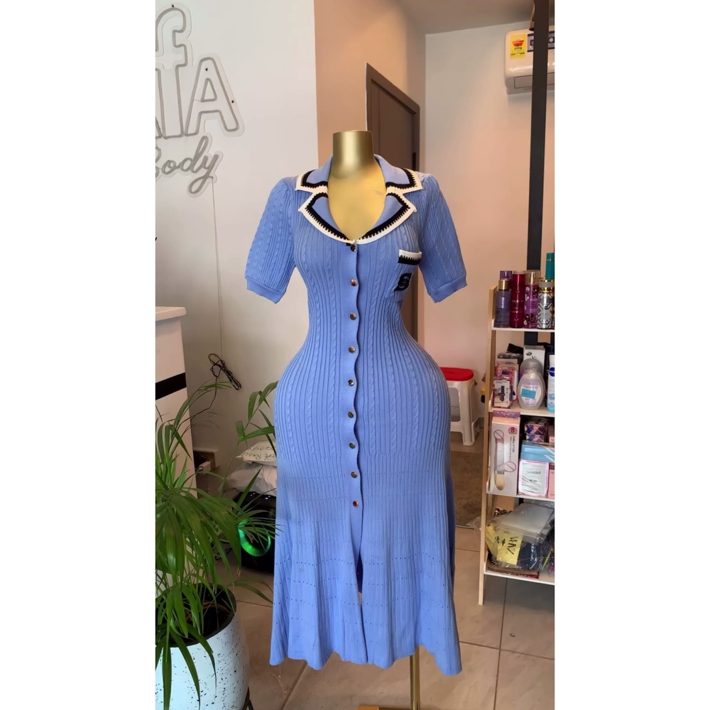 Classy Blue Knit Midi Dress